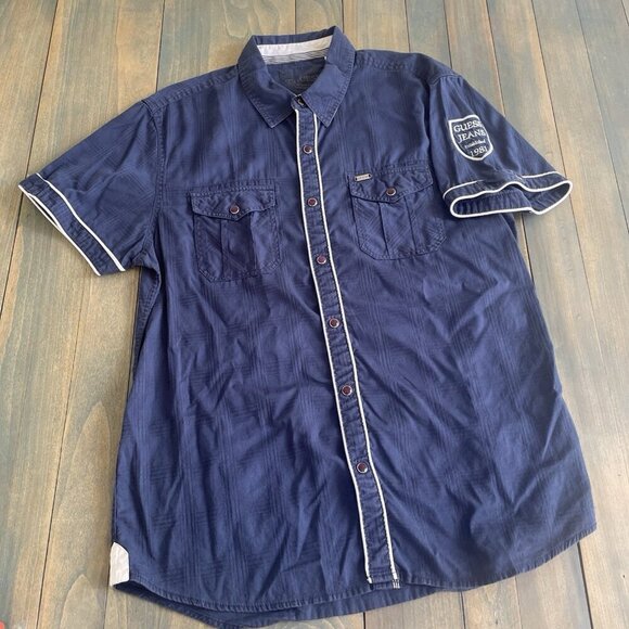 Guess Jeans Blue Short Sleeve Button Camp Western Shirt Slim Fit Mens Large (H6) - Picture 1 of 10